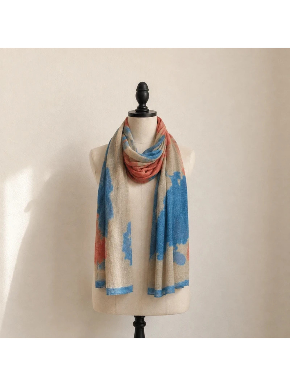 Oversized Abstract Scarf Blue Coral Beige Shimmer Lightweight Wrap Shawl